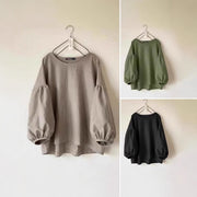 Vintage Loose-fit Crew-neck Shirt with Puff Sleeves