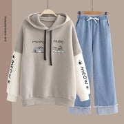Preppy Student Hoodie Set with Straight-leg Pants