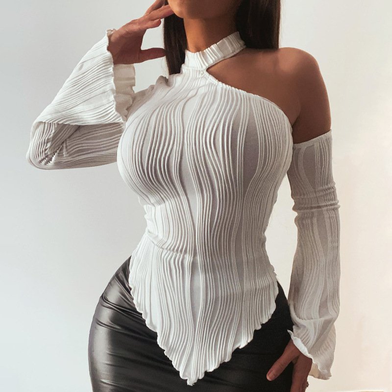 Trendy Slash-Neck Halter Long-Sleeve Slim Fit T-Shirt