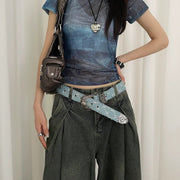 Vintage Blue Leather Belt with Hand-Carved Design