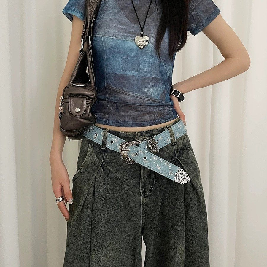 Vintage Blue Leather Belt with Hand-Carved Design