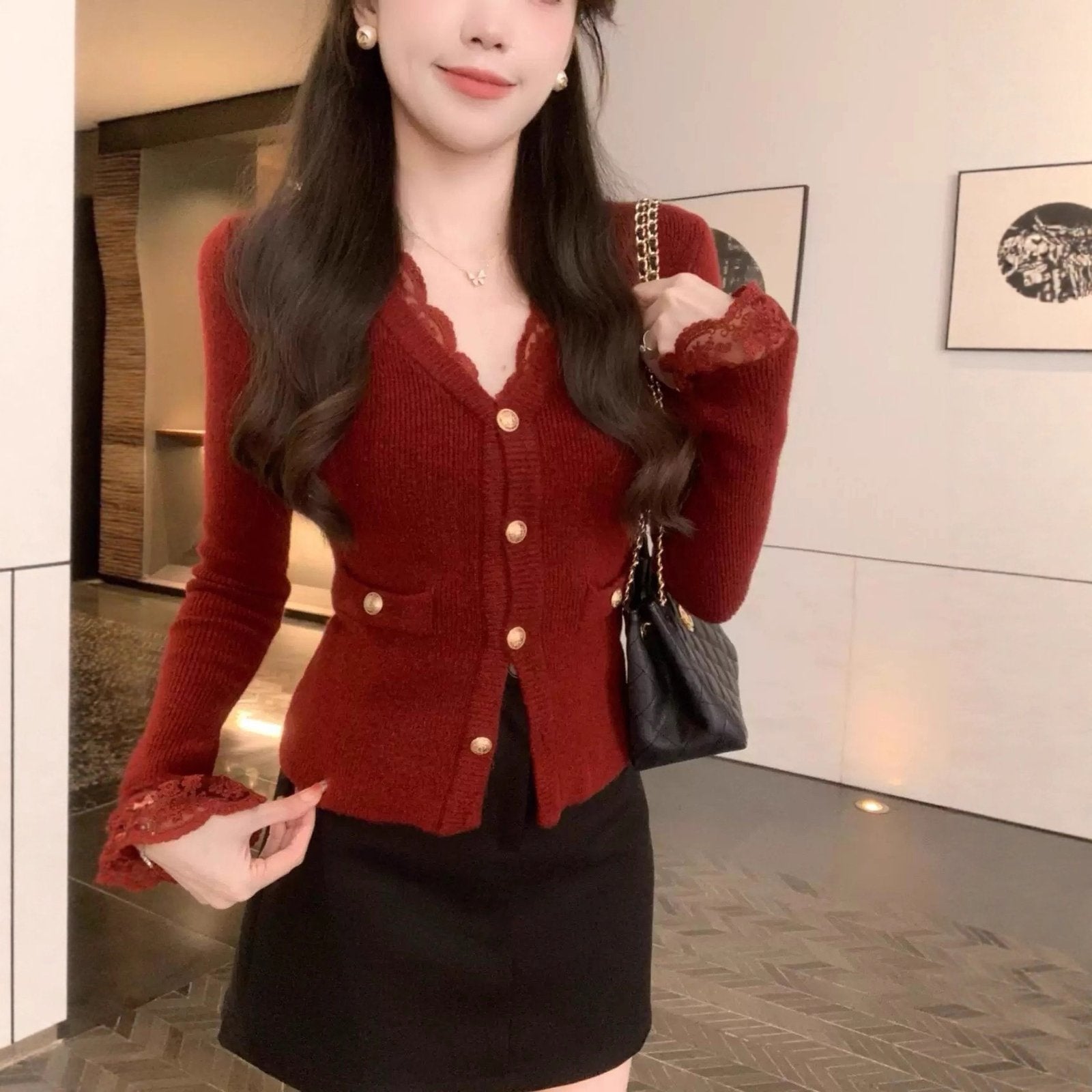 Elegant Lace V-Neck Cardigan with Gold Buttons