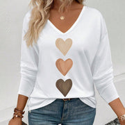 Chic V-Neck Long-Sleeve Heart Print Top for Women