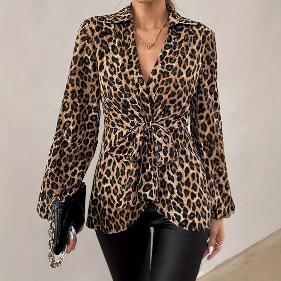 Chic Printed Lace-Up V-Neck Long-Sleeve Blouse