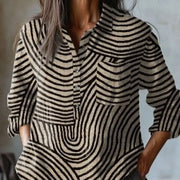Women's Printed Button Lapel Long Sleeve Casual Top