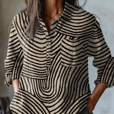 Women's Printed Button Lapel Long Sleeve Casual Top