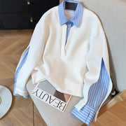 Women's Striped Collar Faux Two-Piece Hoodie Top