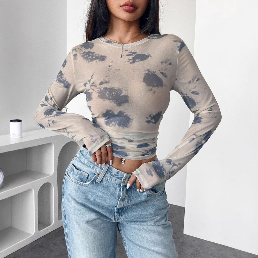 Women's Elegant Floral Mesh Long-Sleeve Slim Top