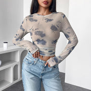 Women's Elegant Floral Mesh Long-Sleeve Slim Top
