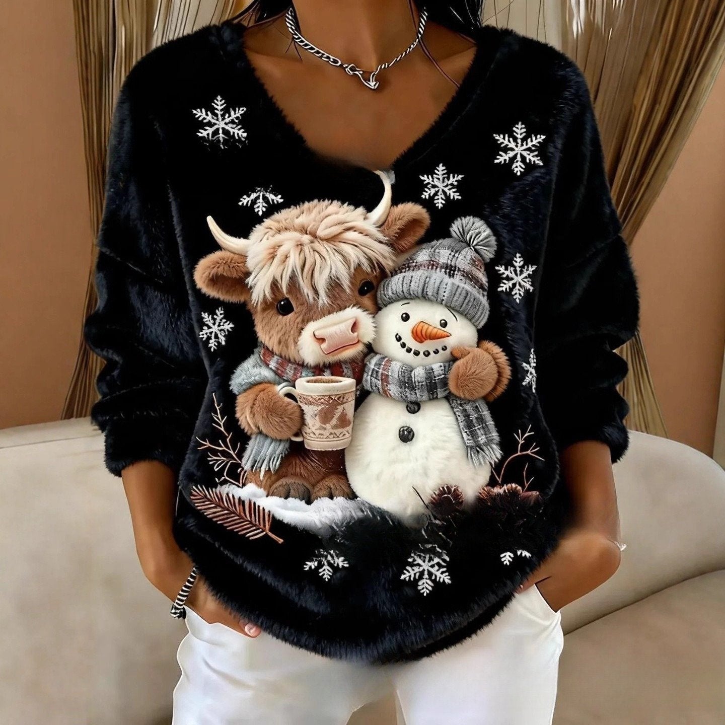 Cozy Digital-Printed V-Neck Sweater for Women