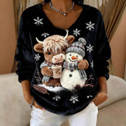 Cozy Digital-Printed V-Neck Sweater for Women