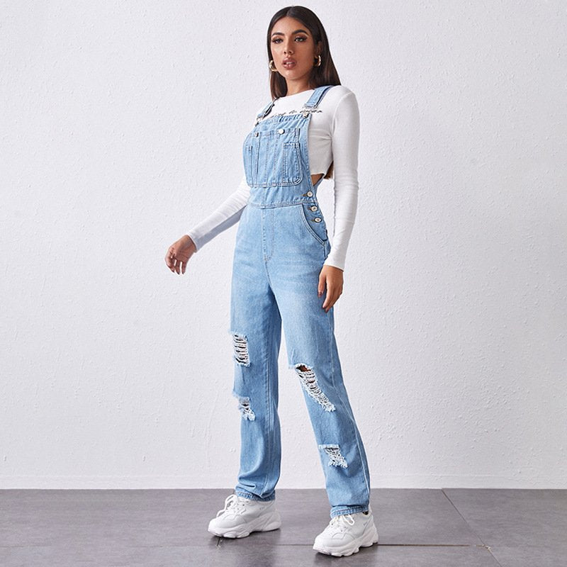 Women's Ripped Denim Overalls Casual Distressed Jumpsuit