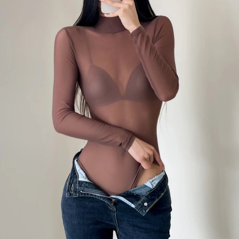 Sheer Mesh Long-Sleeve Jumpsuit