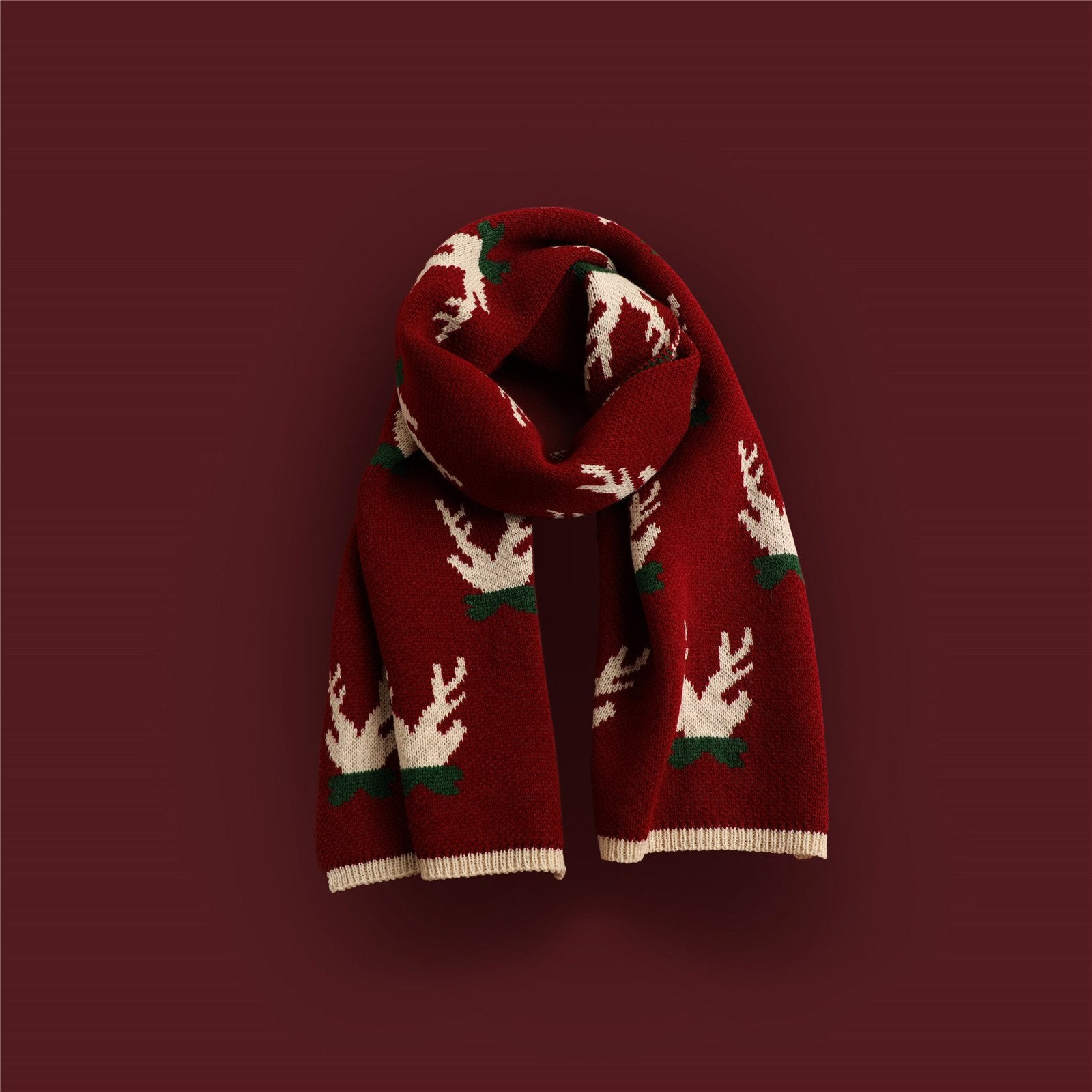 Warmth-Retaining Knitted Scarf with Elk Print & Snowflake Pattern