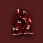 Warmth-Retaining Knitted Scarf with Elk Print & Snowflake Pattern