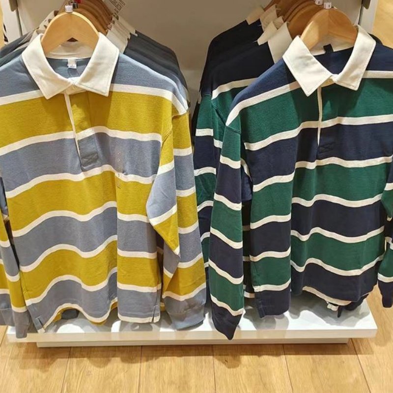 Women's Casual Striped Long-Sleeve Loose Fit Polo Shirt