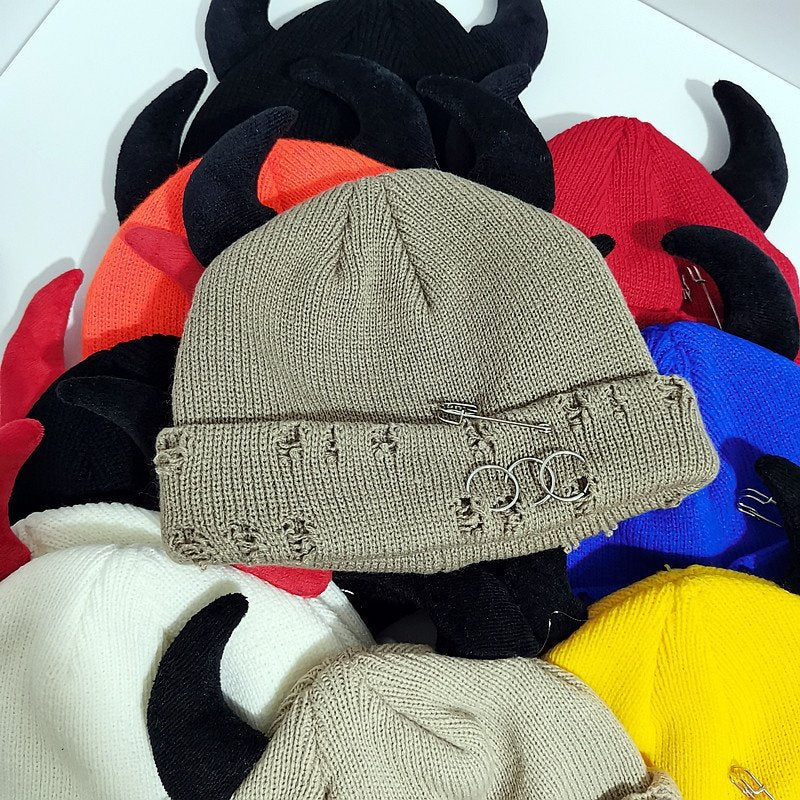 Casual Knitted Wool Hat with Devil Ear Pins