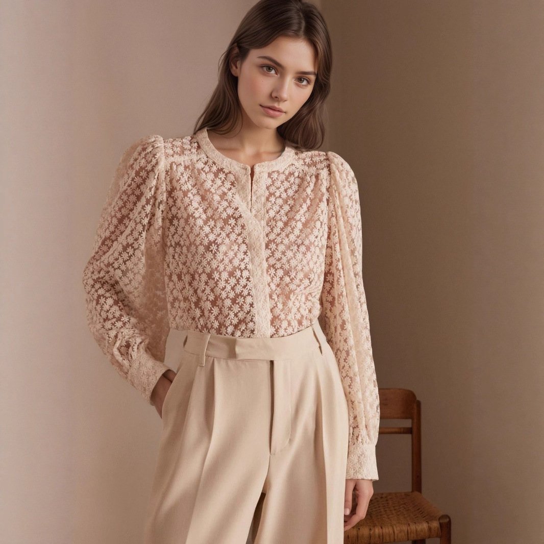 Elegant Women's Floral Lace Round Neck Long-Sleeve Top