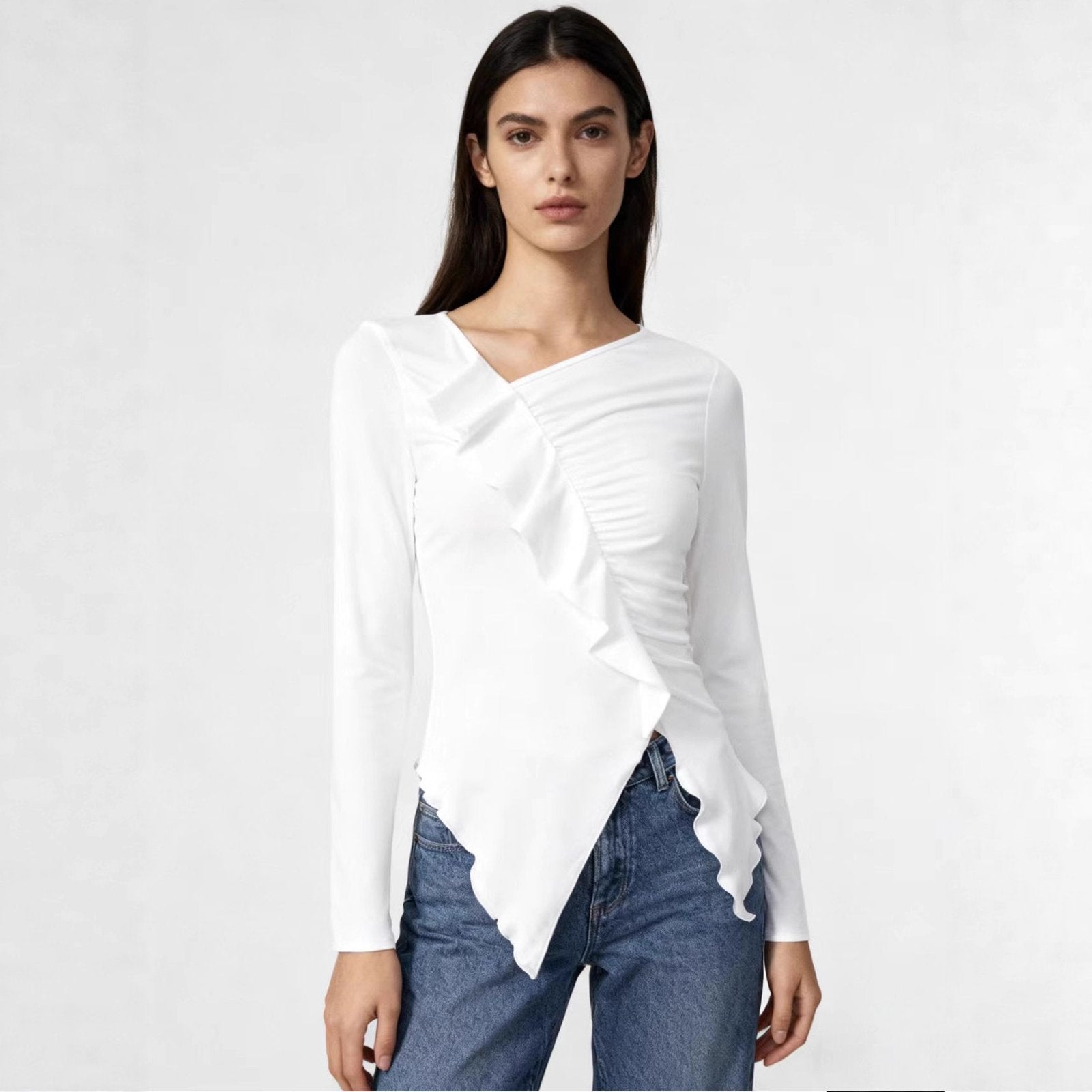 Square Neck Ruffled Long Sleeve Slim Top