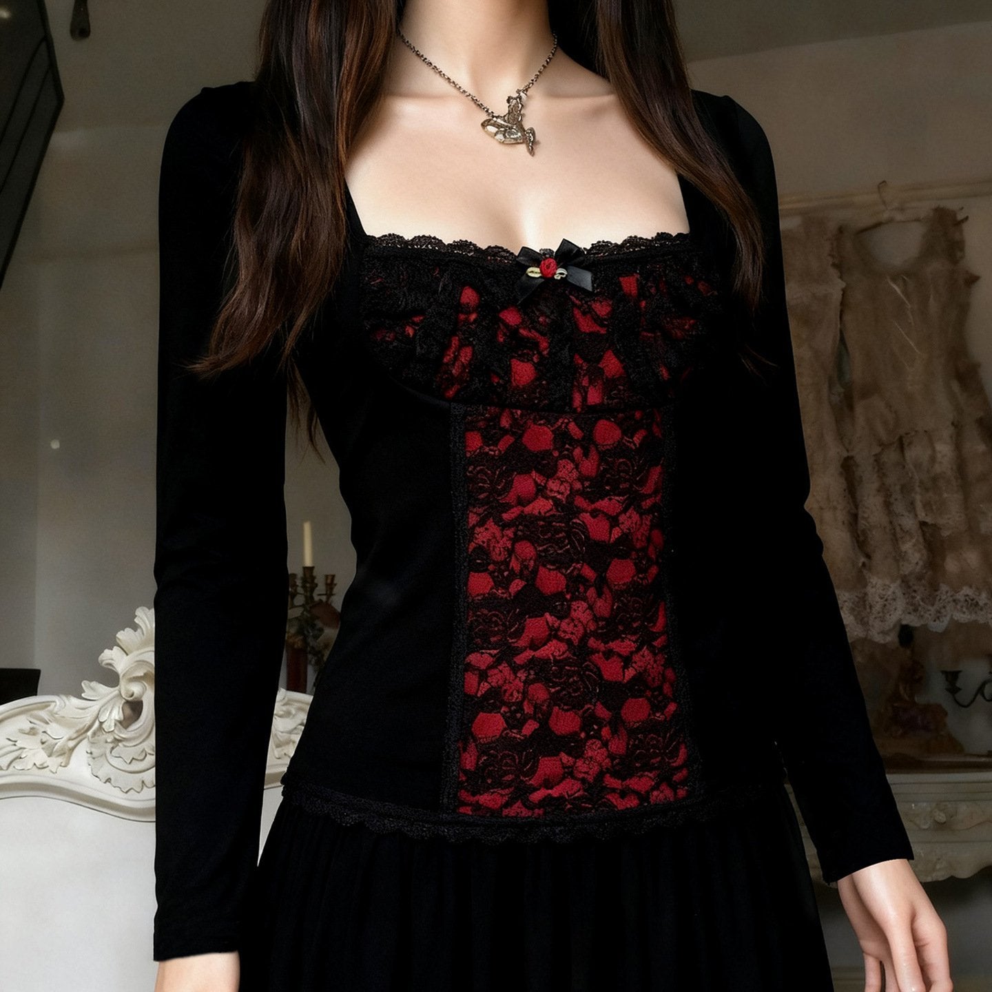 Chic Lace Ruffle Trim Long-Sleeve Blouse