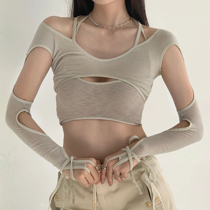Hollow-Out Faux Two-Piece Cropped Top