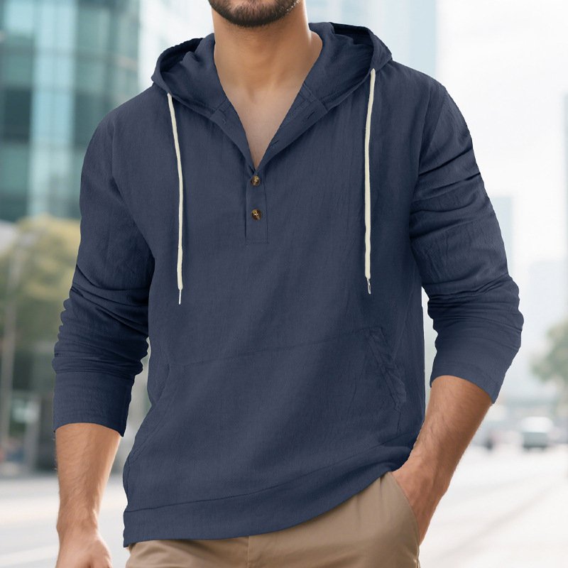 Women's Hooded Linen Henley Shirt with Pockets