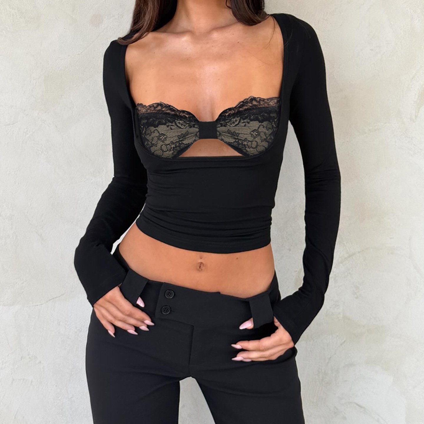 Women's Lace Panel Fake Two Piece Long Sleeve Top