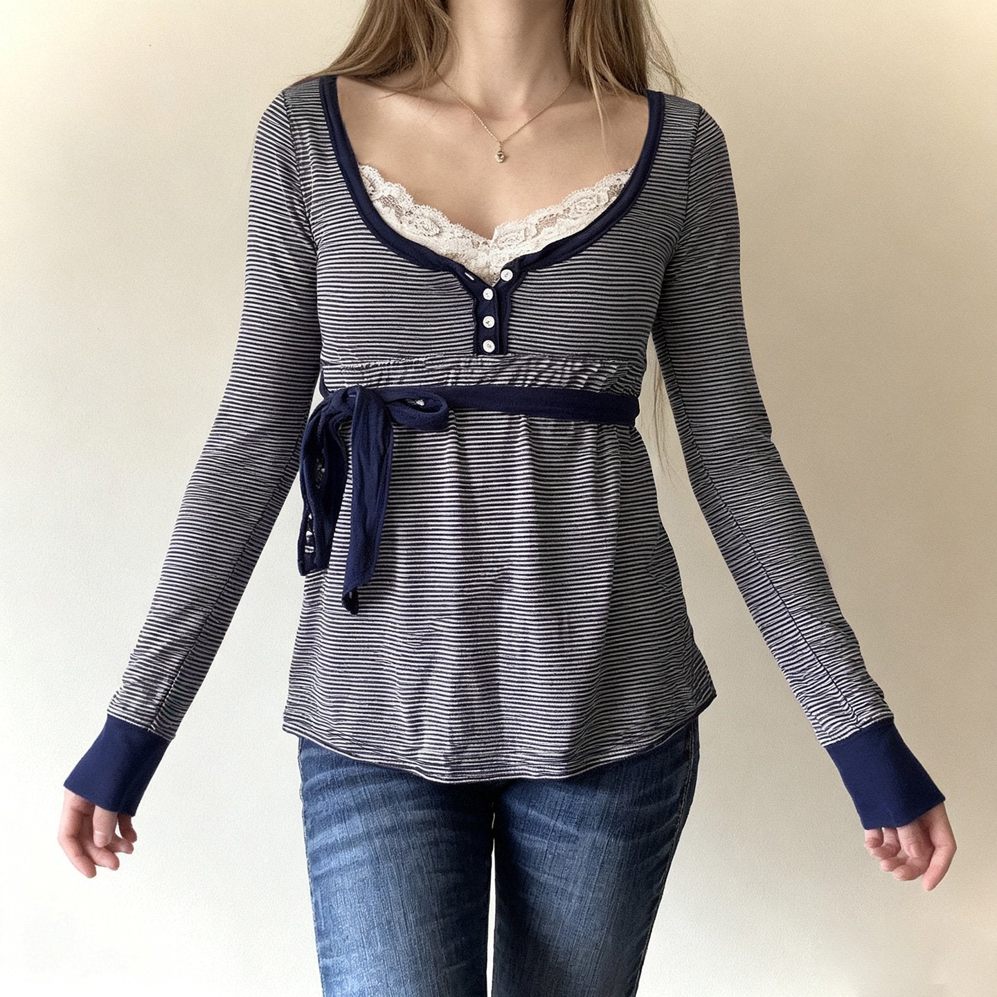Lace-Trim Striped High-Waist Long-Sleeve Top