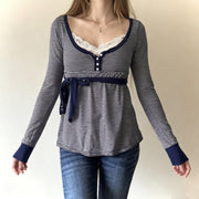 Lace-Trim Striped High-Waist Long-Sleeve Top