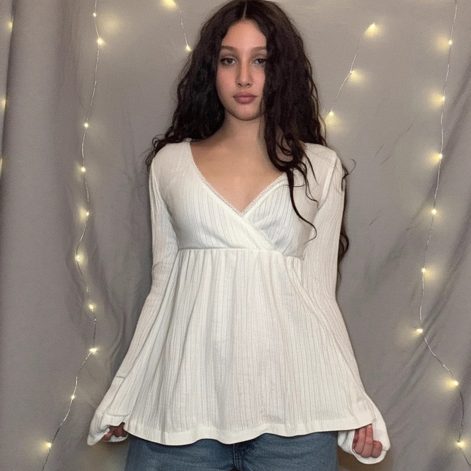 V-Neck Lace Panel Long Sleeve Top