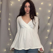V-Neck Lace Panel Long Sleeve Top