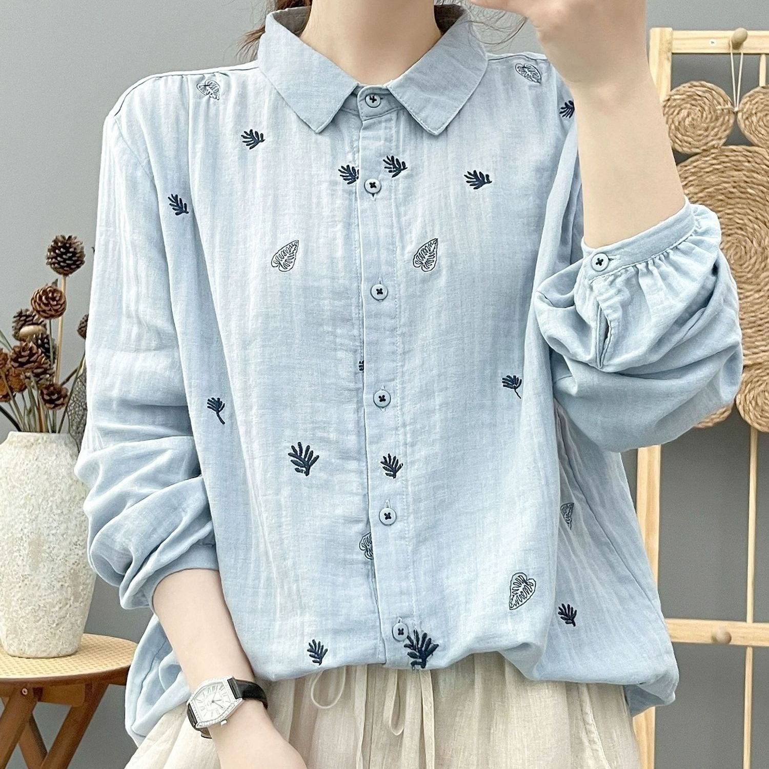 Chic Geometric Color-Block Long-Sleeve Women's Shirt