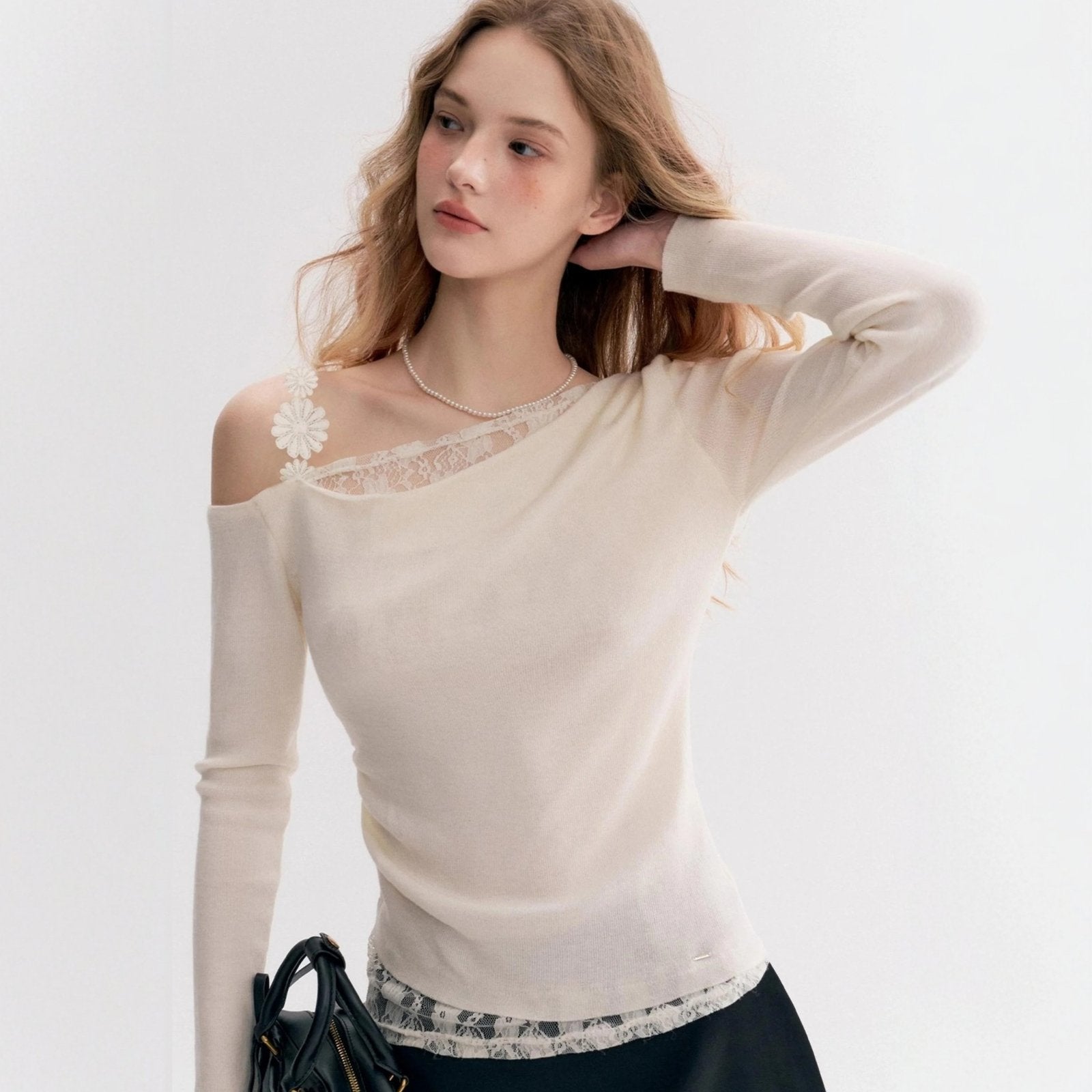 Chic Lace-Trimmed Off-the-Shoulder Long-Sleeve Top