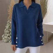 Women's Elegant Lapel Waffle Weave Long-Sleeve Top
