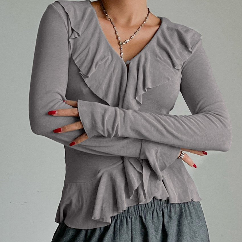 Elegant Ruffled Hem Slim-Fit Women's Long-Sleeve Top