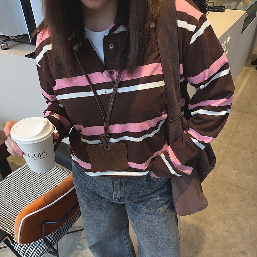 Brown Striped Loose-Fit Long-Sleeve Elegant Top