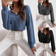 V-Neck Solid Cropped Long-Sleeve Tee
