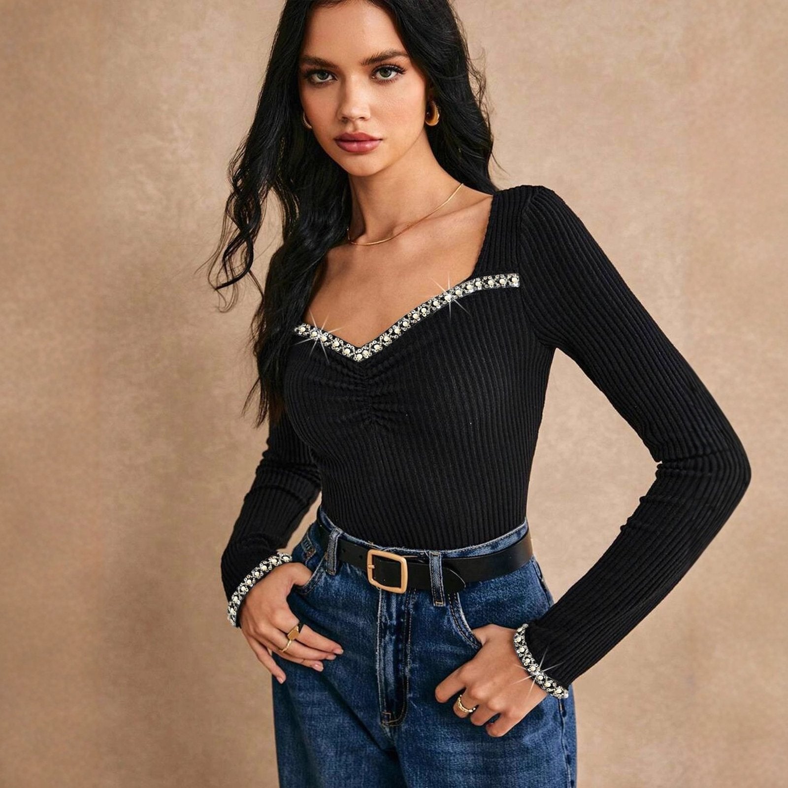 Rhinestone Slim-Fit Long-Sleeve Top