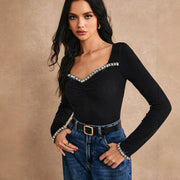 Rhinestone Slim-Fit Long-Sleeve Top