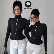 Elegant High-Neck Pleated Slim-Fit Long Sleeve Top