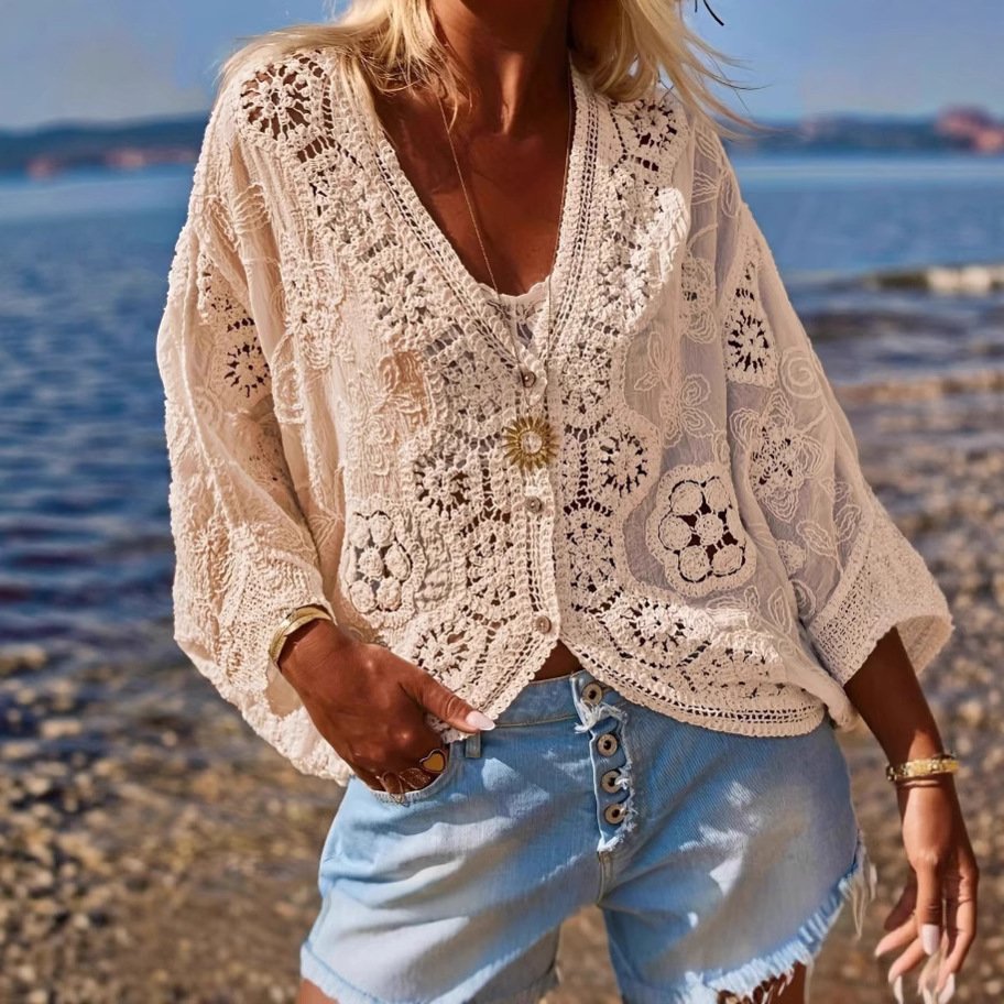 Bohemian V-Neck Hollow-Out Knit Top