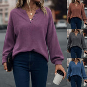 Women's Cozy V-Neck Solid Long-Sleeve Pullover Top