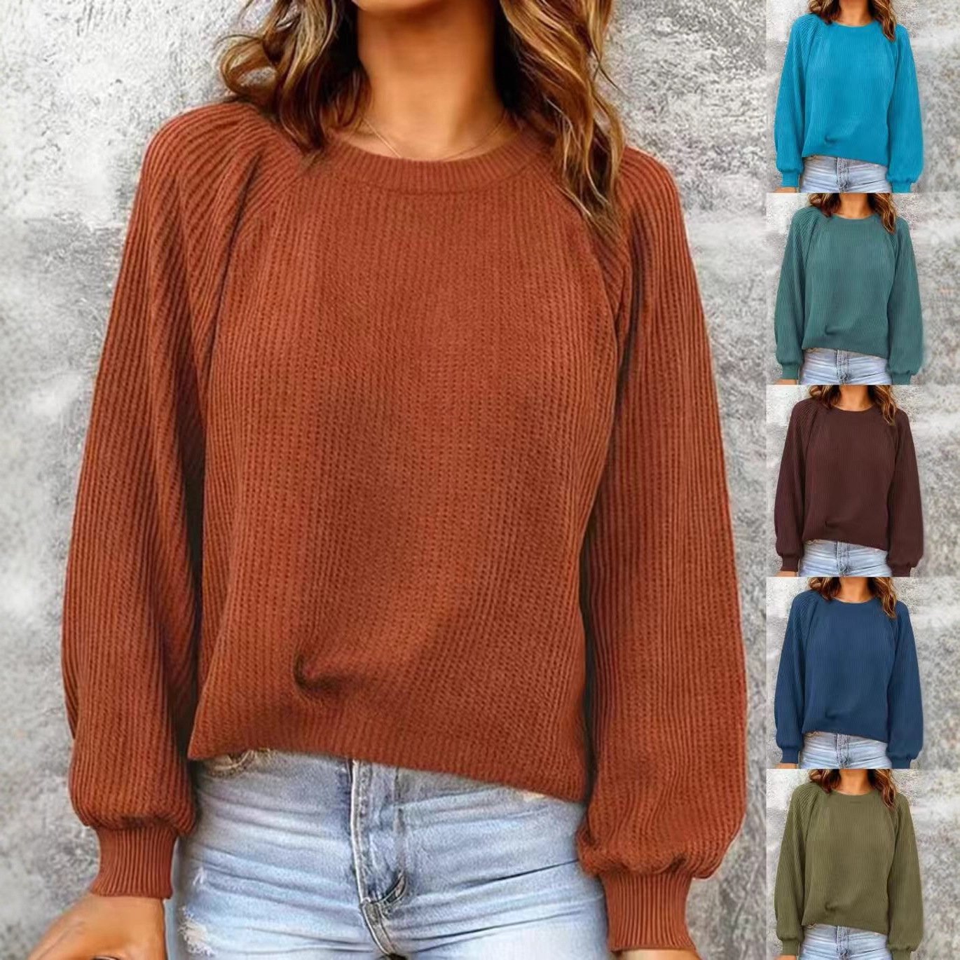 Waffle-Knit Long-Sleeve Retro Pullover Top