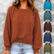 Waffle-Knit Long-Sleeve Retro Pullover Top