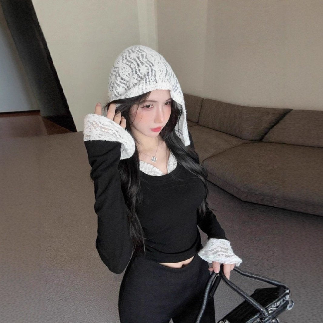 Sexy Lace Long-Sleeve Hooded Pullover Top
