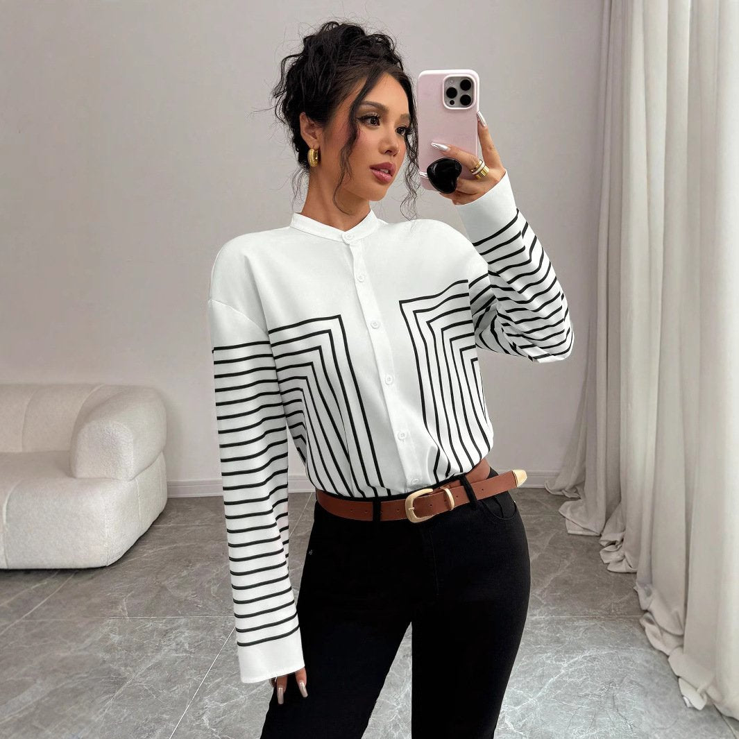 Chic Contrast Striped Single-Breasted Shirt for Women