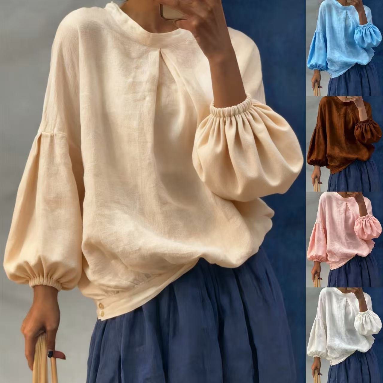 Vintage Puff Sleeve Crew-Neck Solid Pullover Shirt