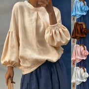 Vintage Puff Sleeve Crew-Neck Solid Pullover Shirt