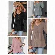 Women's Casual V-Neck Button Long-Sleeve Loose Top