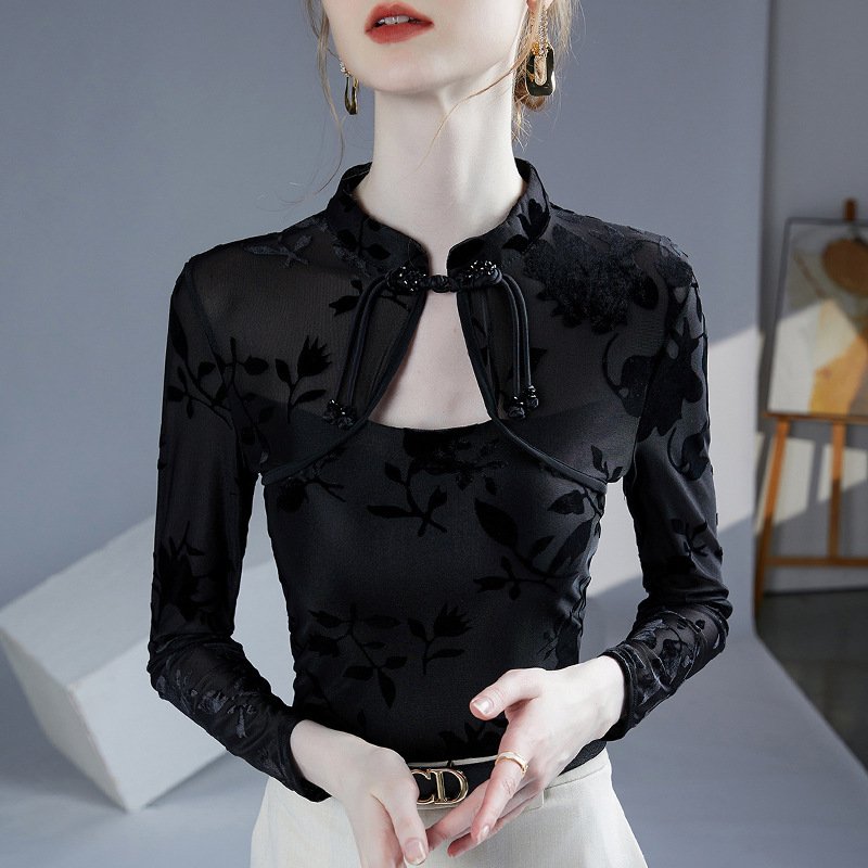 Chic Chinese Qipao Collar Floral Jacquard Slim Top